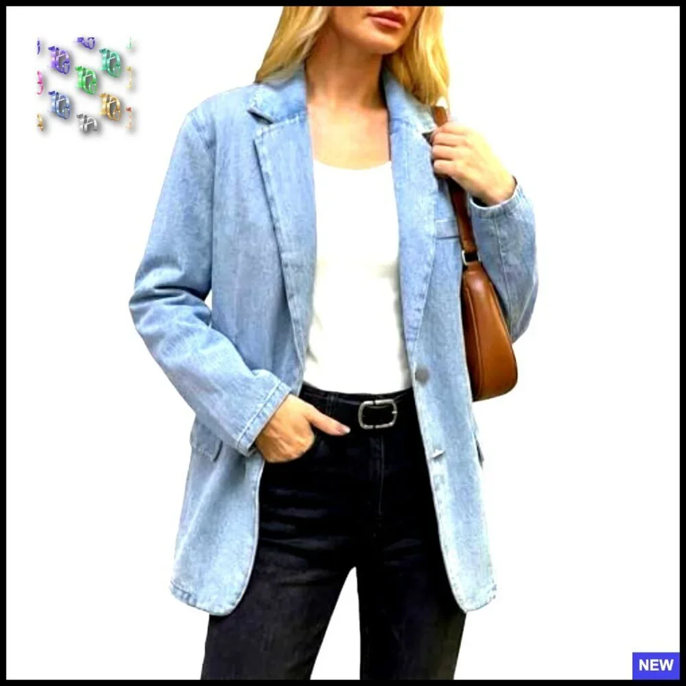Oversized Denim Blazer Jacket Lightweight Distressed Open Front Chic